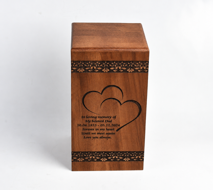 Wood Cremation Casket Urn – Double Heart & Floral Engraving