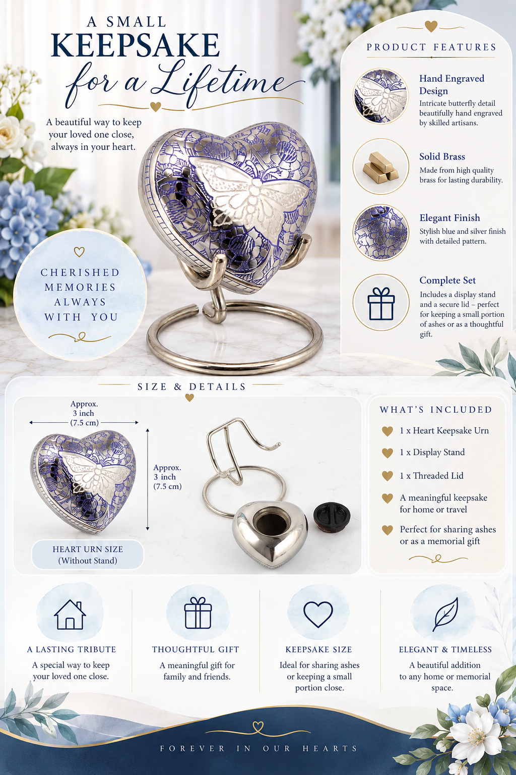 Blue Heart Shape Small Keepsake Urn with Butterfly Design