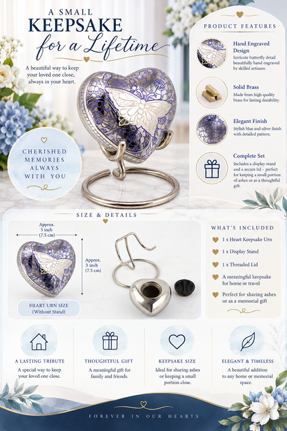 Blue Heart Shape Small Keepsake Urn with Butterfly Design