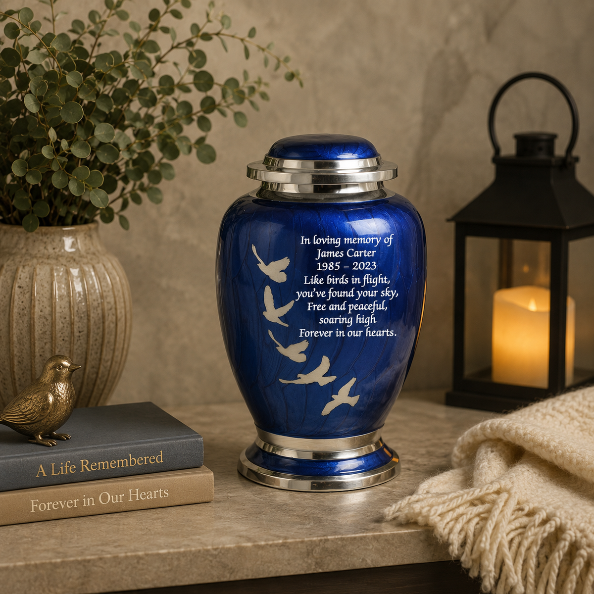 Blue and Silver Flying Birds Design Cremation Urn Dove Shape