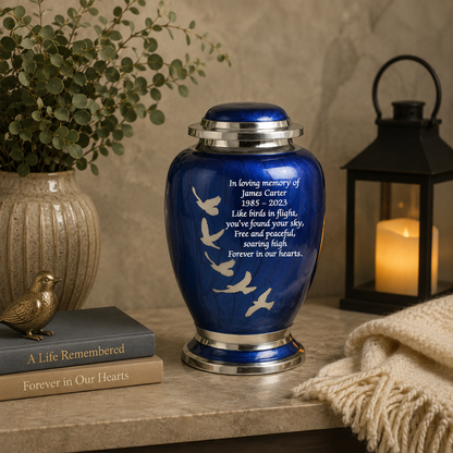 Blue and Silver Flying Birds Design Cremation Urn Dove Shape