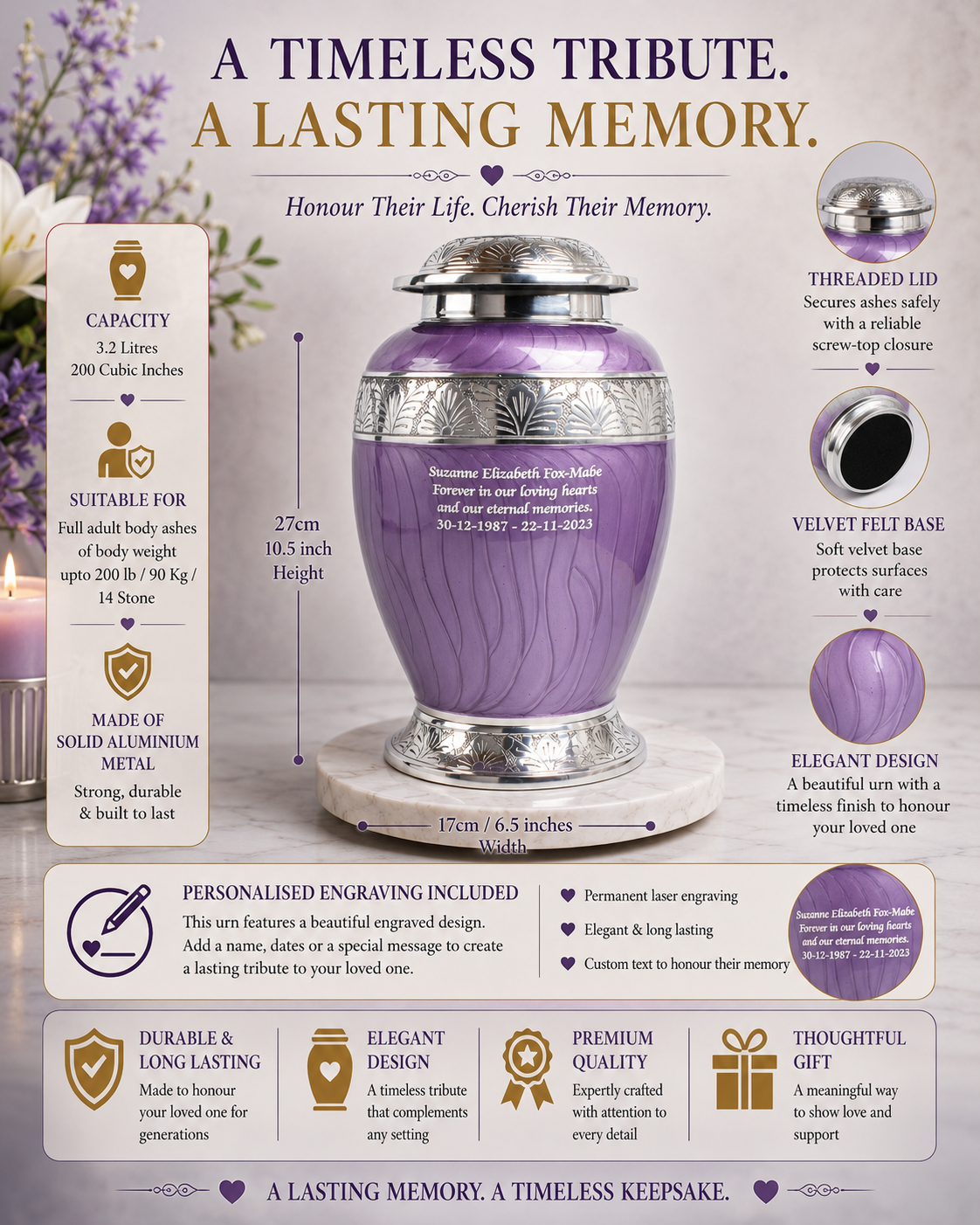 Purple & Silver Aluminium Dove Cremation Urn