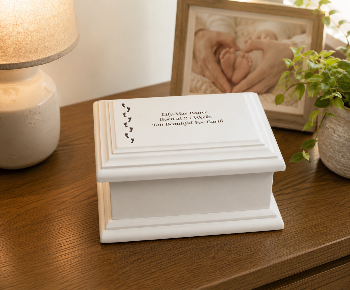 White MDF Wood Cremation Ashes Casket Footprints Urn 2 Sizes: Small & Medium