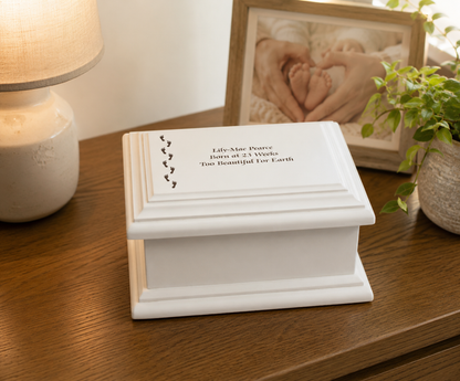 White MDF Wood Cremation Ashes Casket Footprints Urn 2 Sizes: Small & Medium