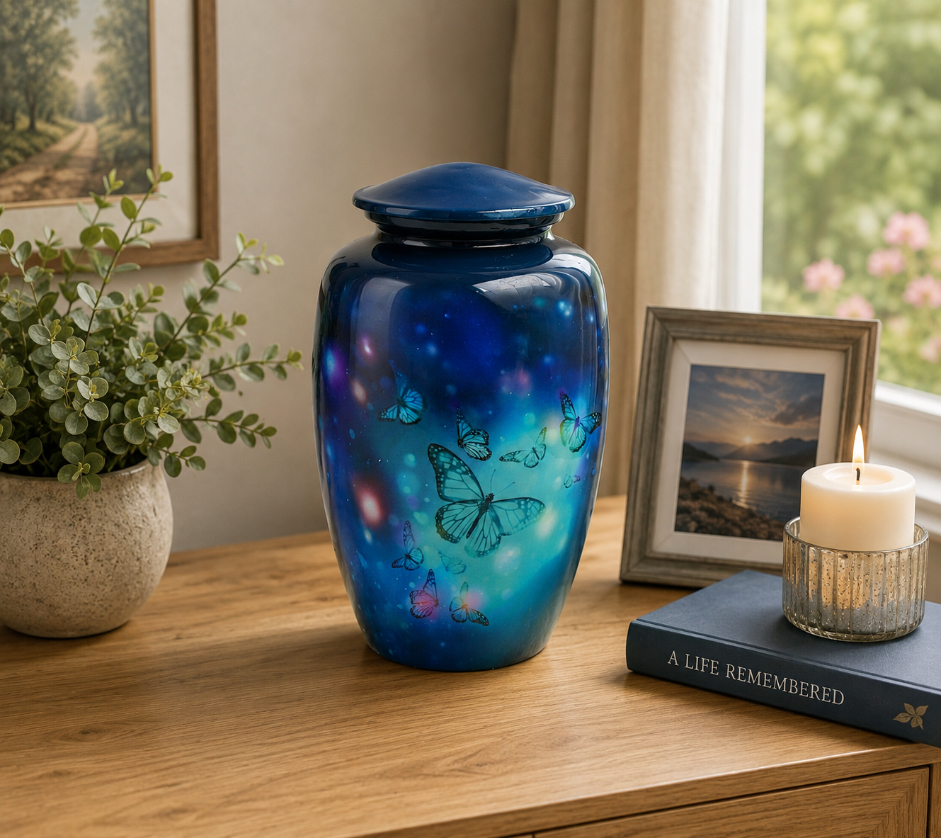 Blue Butterflies Design Adult Cremation Ashes Urn
