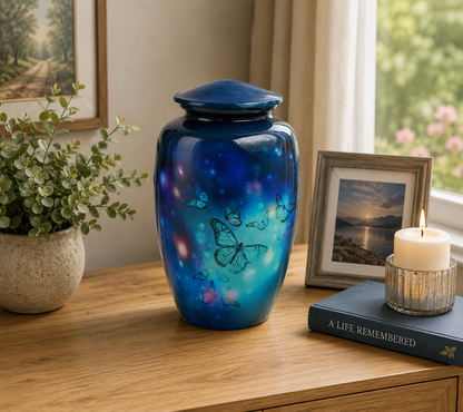 Blue Butterflies Design Adult Cremation Ashes Urn