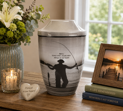 Iron Metal Cremation Urn Fisherman Design With Free Ashes Bag
