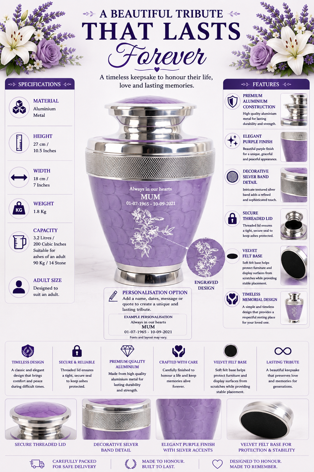 Purple Milano Aluminium Cremation Urn