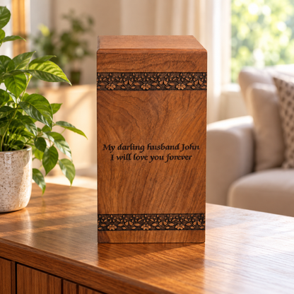 Solid Wood Cremation Casket Urn – Floral Border Engraving Design