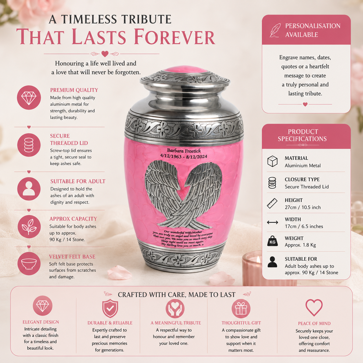 Angel Wings Pink And Silver Cremation Urn