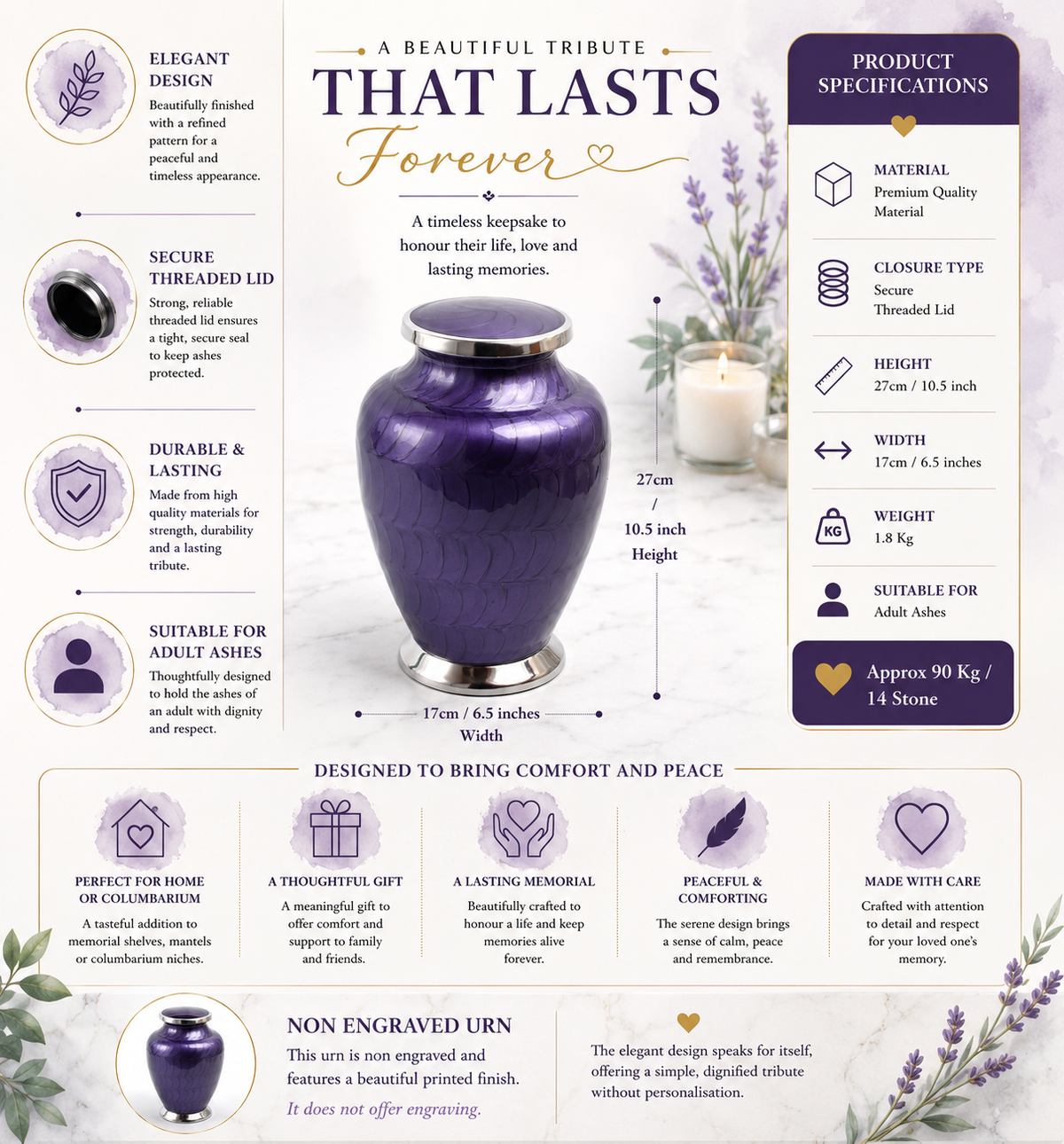 Purple with Silver Aria Adult Cremation Urn