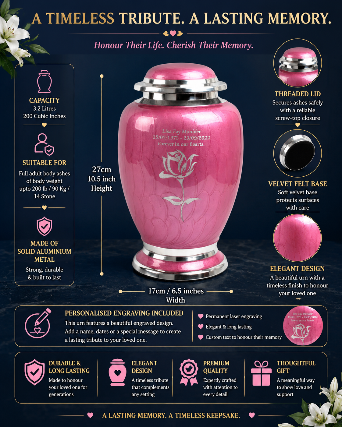 Pink and Silver Rose Design Urn