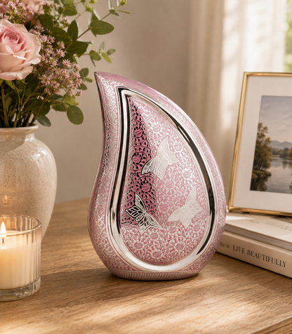Pink Butterfly Brass 10" and 12" Teardrop Urn