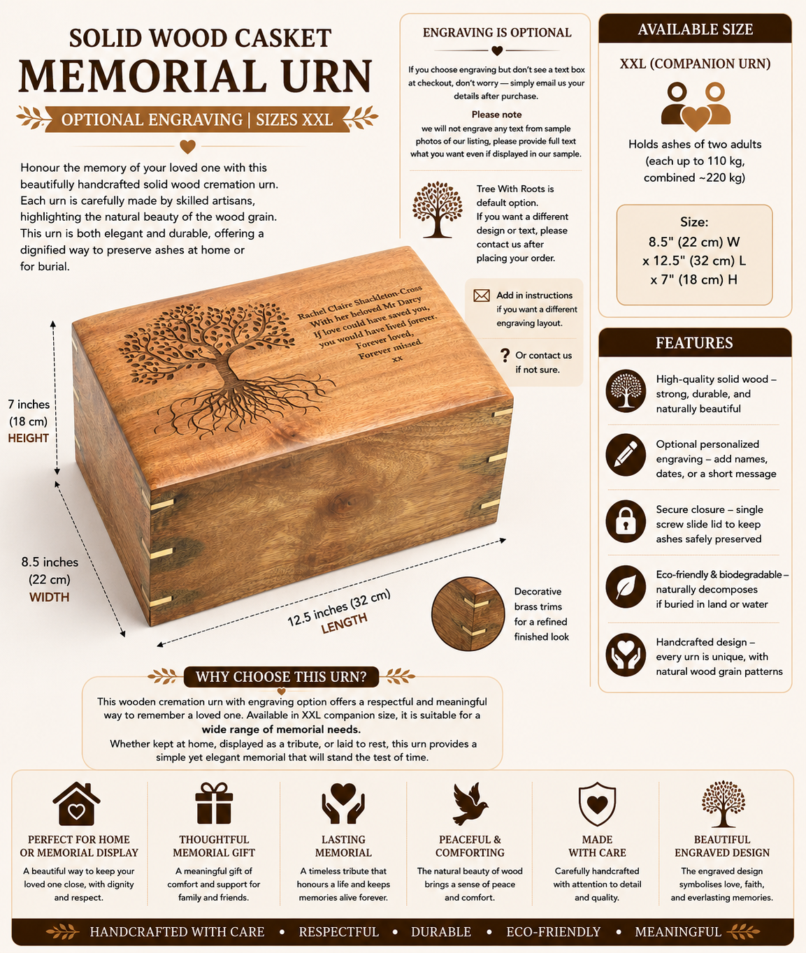 Extra Large Double Capacity Solid Wood Tree Of Life Casket