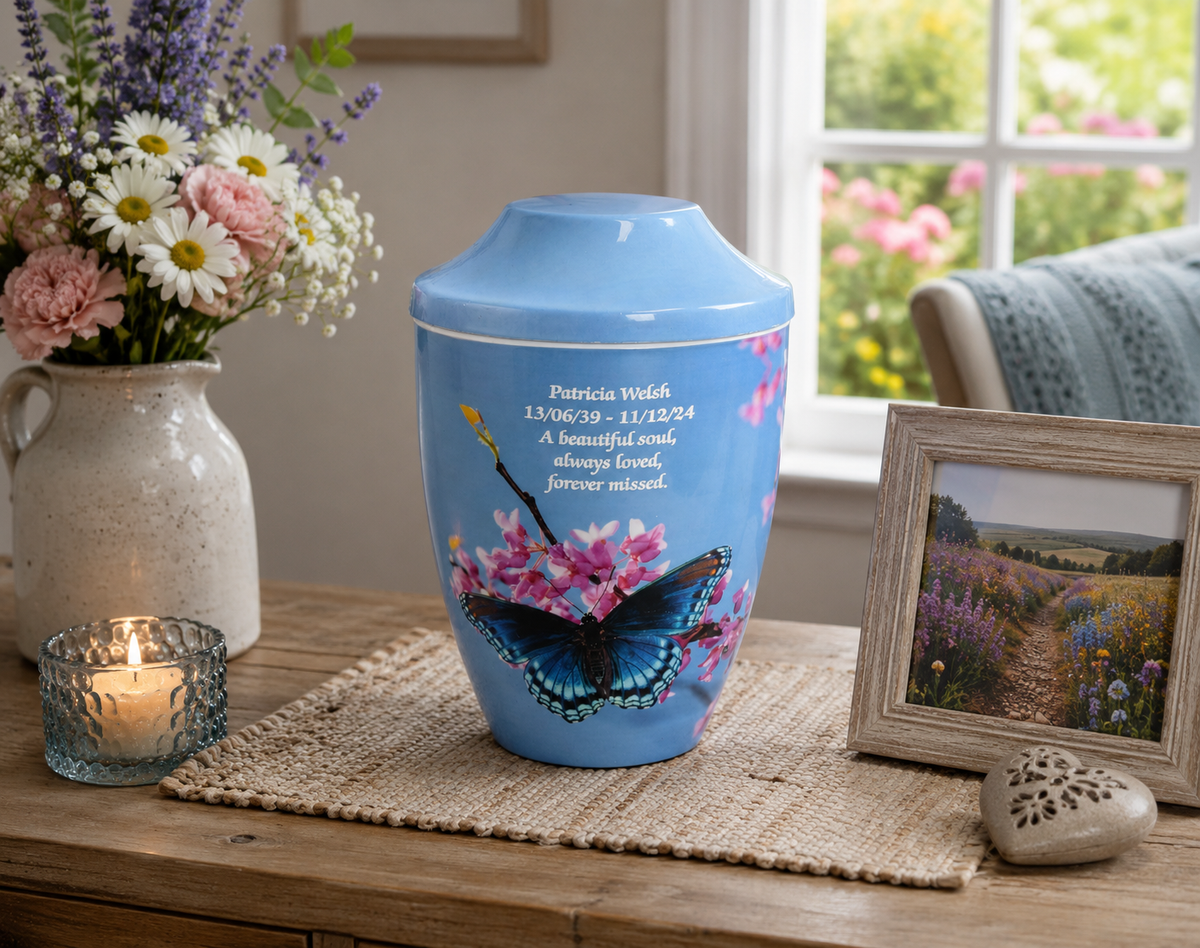 Iron Metal Cremation Urn Butterfly On Flower Design With Free Ashes Bag