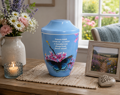 Iron Metal Cremation Urn Butterfly On Flower Design With Free Ashes Bag