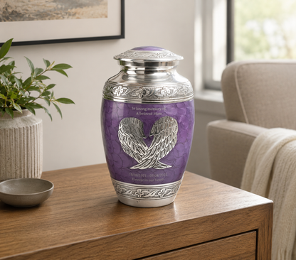 Purple and Silver Angel Wings Cremation Urn