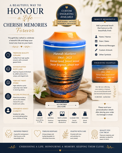 Iron Metal Cremation Urn Beach Sunset With Free Ashes Bag