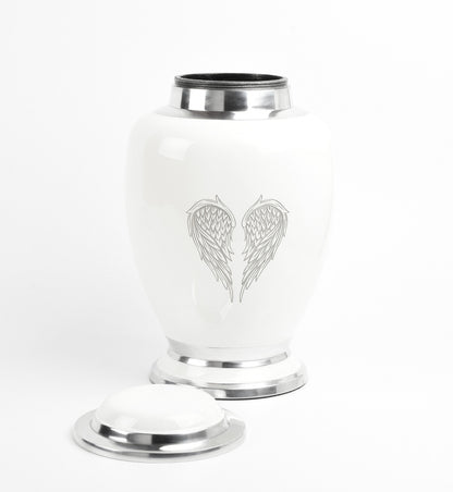 White and Silver Angel Wings Design Urn