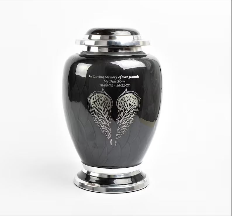 Black and Silver Angel Wings Design Urn