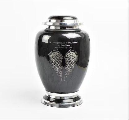 Black and Silver Angel Wings Design Urn