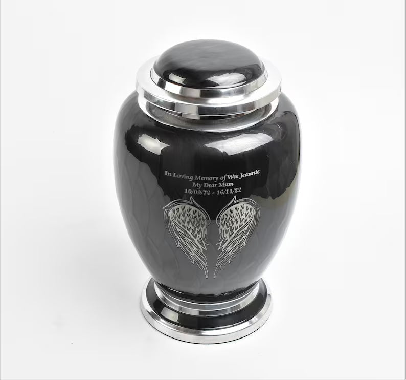 Black and Silver Angel Wings Design Urn