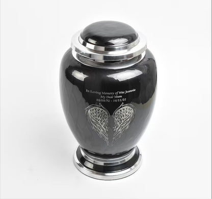 Black and Silver Angel Wings Design Urn