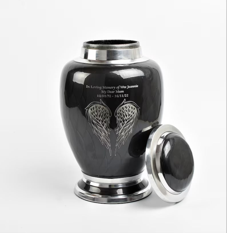 Black and Silver Angel Wings Design Urn