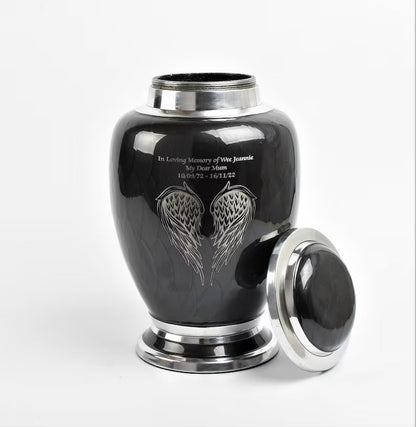 Black and Silver Angel Wings Design Urn