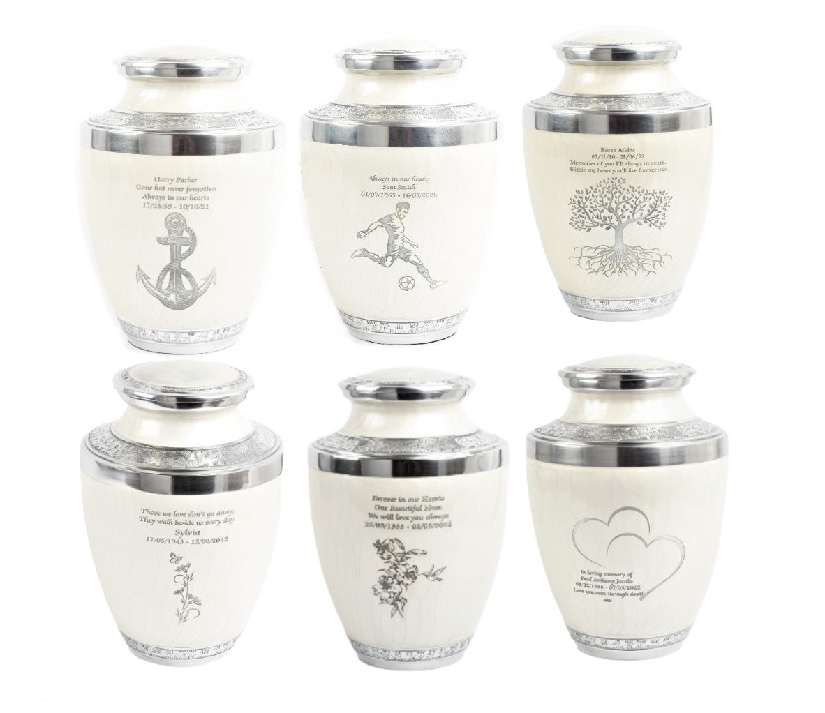 White and Silver Cremation Urn – Testi Shape with Various Engraving Designs