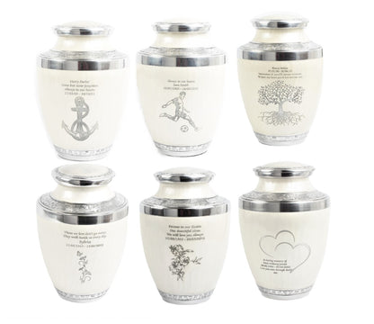 White and Silver Cremation Urn – Testi Shape with Various Engraving Designs