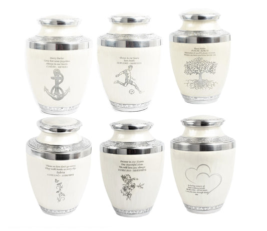 White and Silver Cremation Urn – Testi Shape with Various Engraving Designs