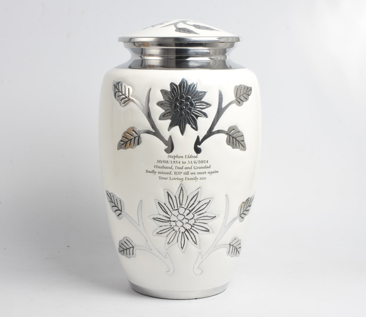 White With Silver Flower Cremation Urn
