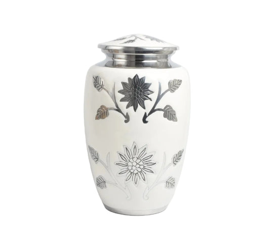 White With Silver Flower Cremation Urn