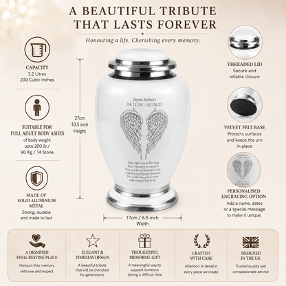White and Silver Angel Wings Design Urn