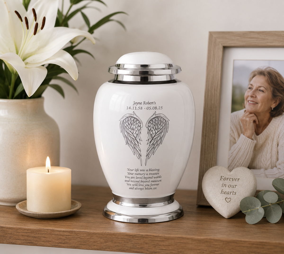 White and Silver Angel Wings Design Urn