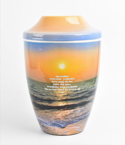 Iron Metal Cremation Urn Beach Sunset With Free Ashes Bag