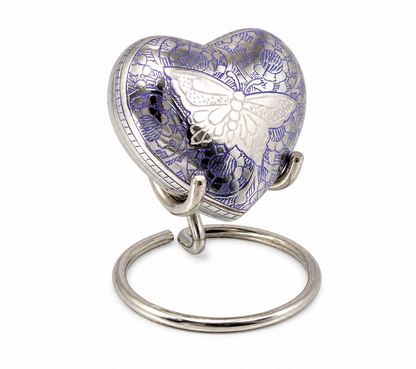 Blue Heart Shape Small Keepsake Urn with Butterfly Design