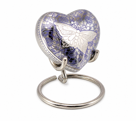 Blue Heart Shape Small Keepsake Urn with Butterfly Design