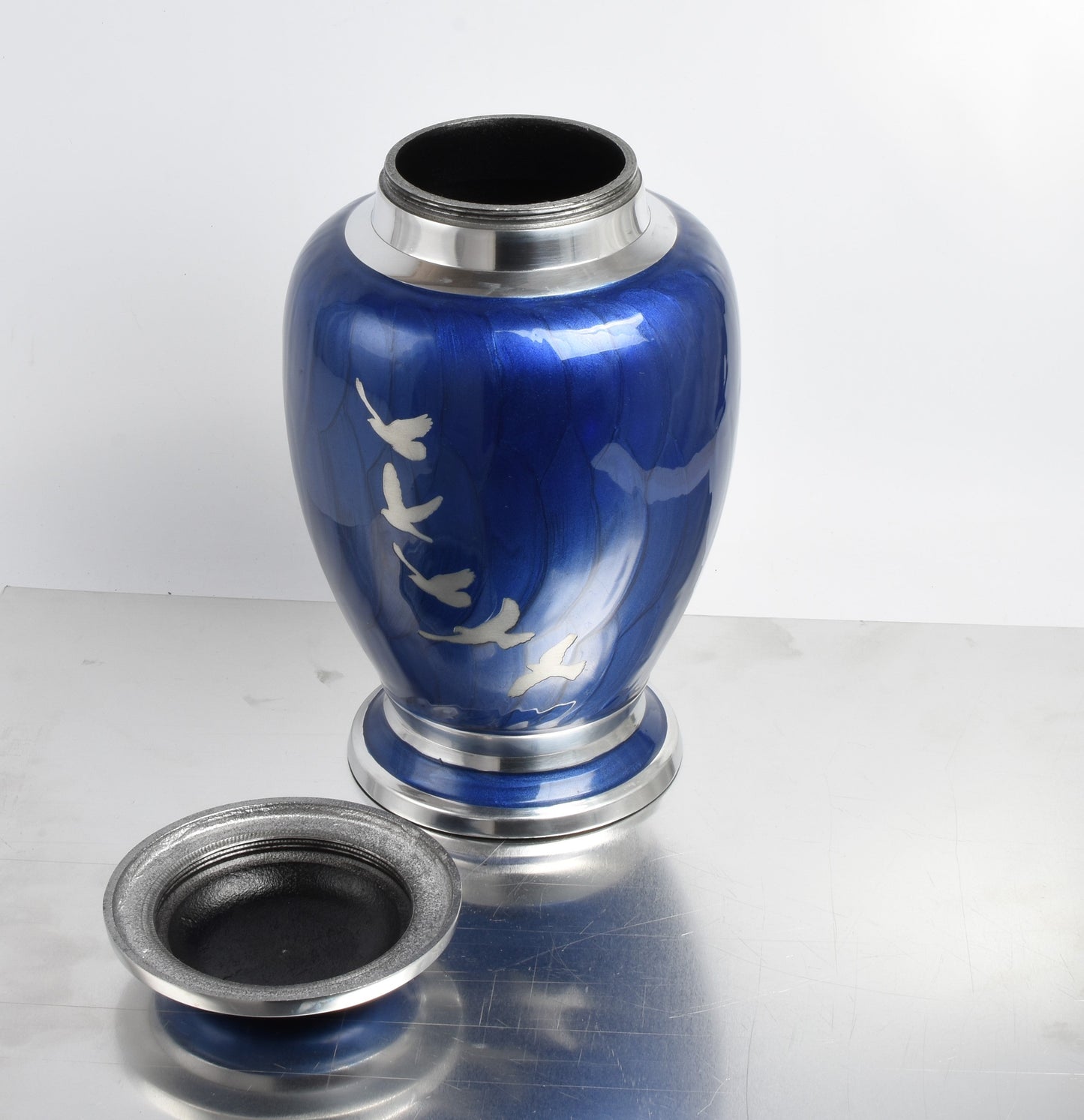 Blue and Silver Flying Birds Urn