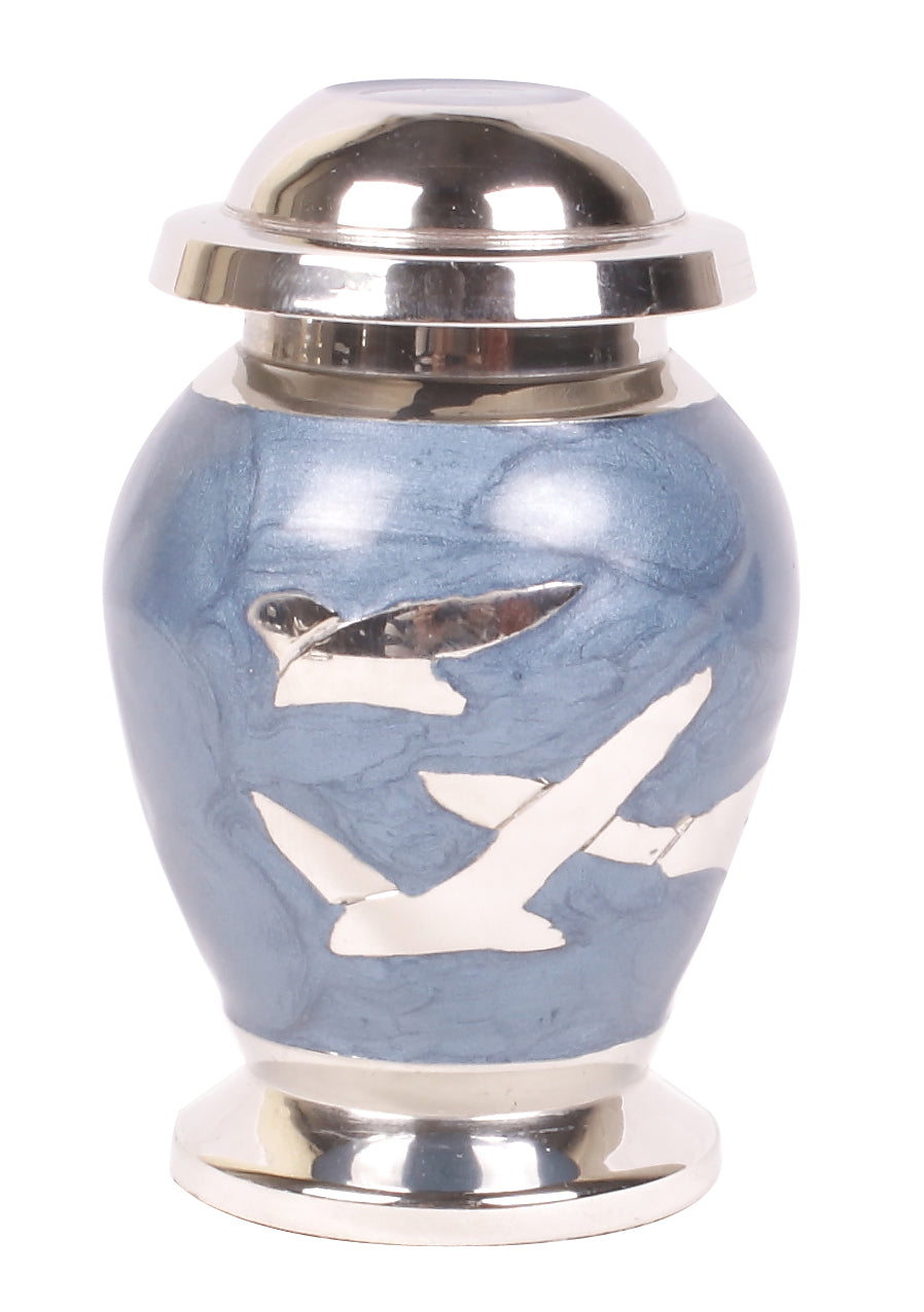 Blue Going Home Keepsake Urn, blue small urn , blue flying birds keepsake, blue keepsake urn
