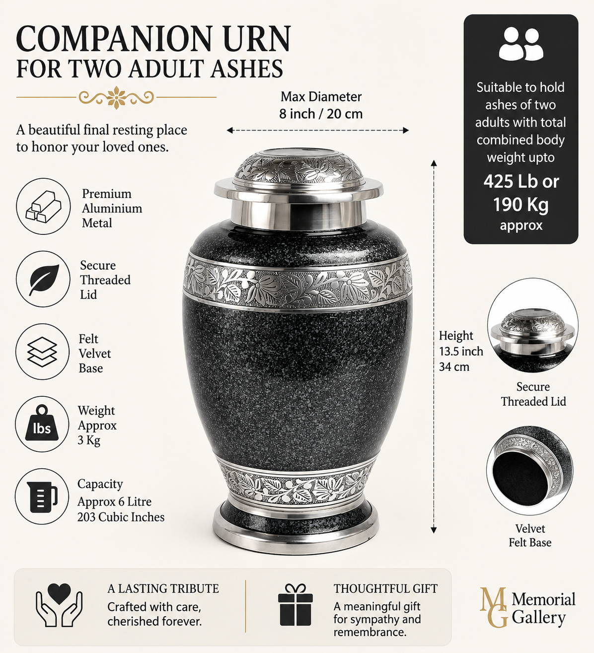 Grey Pattern Companion Urn For Two Body Ashes