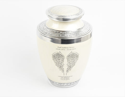 White and Silver Angel Wings Design Aluminium Cremation Urn