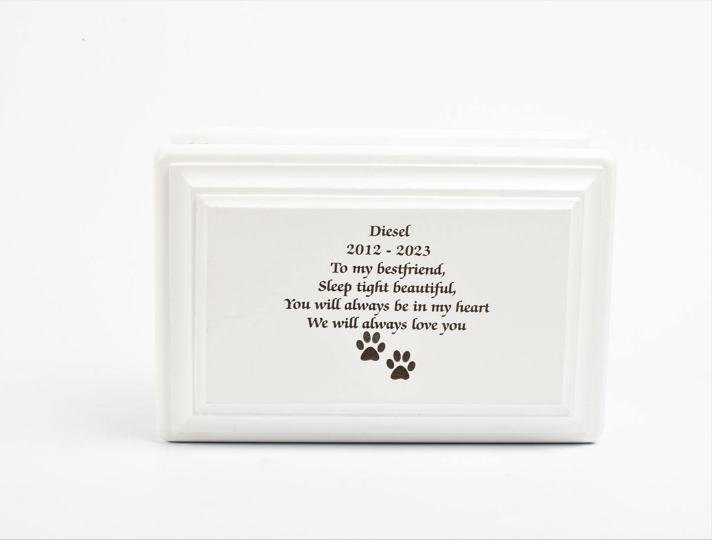 White MDF Wood Cremation Ashes Casket Paws Design Urn 2 Sizes: Small & Medium