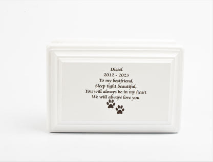 White MDF Wood Cremation Ashes Casket Paws Design Urn 2 Sizes: Small & Medium