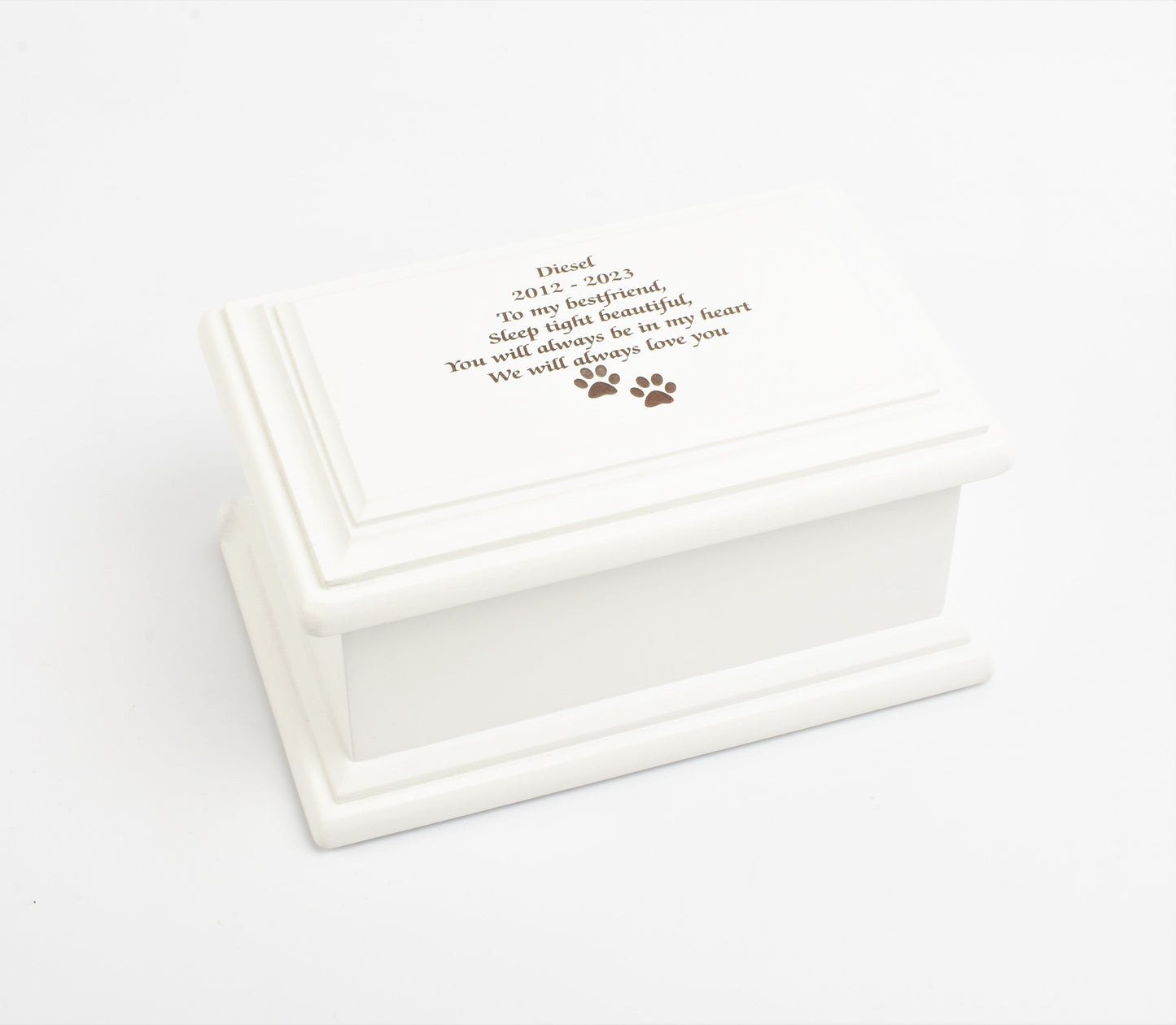 White MDF Wood Cremation Ashes Casket Paws Design Urn 2 Sizes: Small & Medium