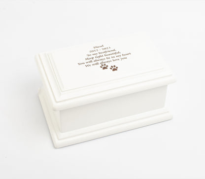 White MDF Wood Cremation Ashes Casket Paws Design Urn 2 Sizes: Small & Medium