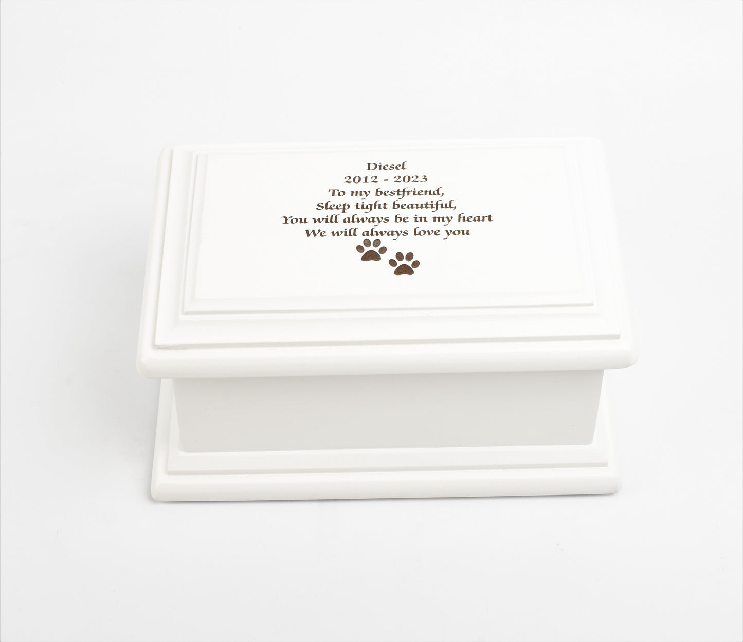 White MDF Wood Cremation Ashes Casket Paws Design Urn 2 Sizes: Small & Medium
