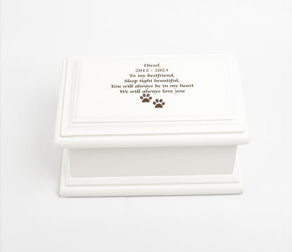 White MDF Wood Cremation Ashes Casket Paws Design Urn 2 Sizes: Small & Medium