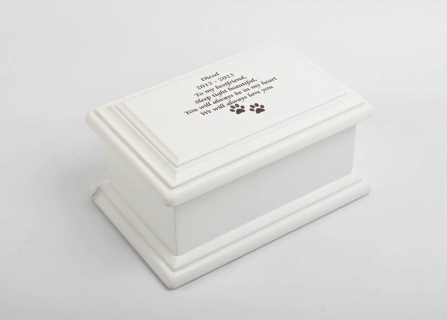 White MDF Wood Cremation Ashes Casket Paws Design Urn 2 Sizes: Small & Medium